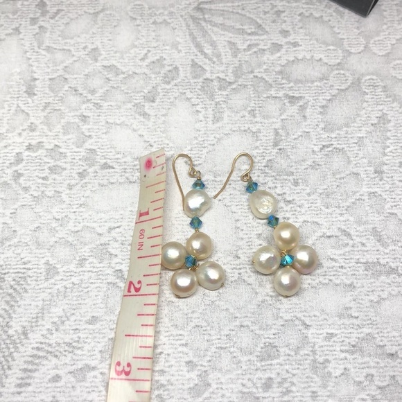 Artisan 14k GF genuine cultured pearl and crystals statement earrings dangle - Picture 3 of 4